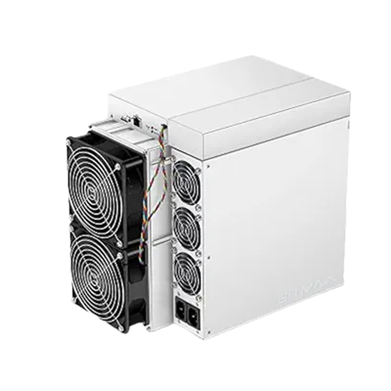 Authentic Bitmain Antminer S19 in the source photograph's upright presentation, with two large fans and three power-supply fans