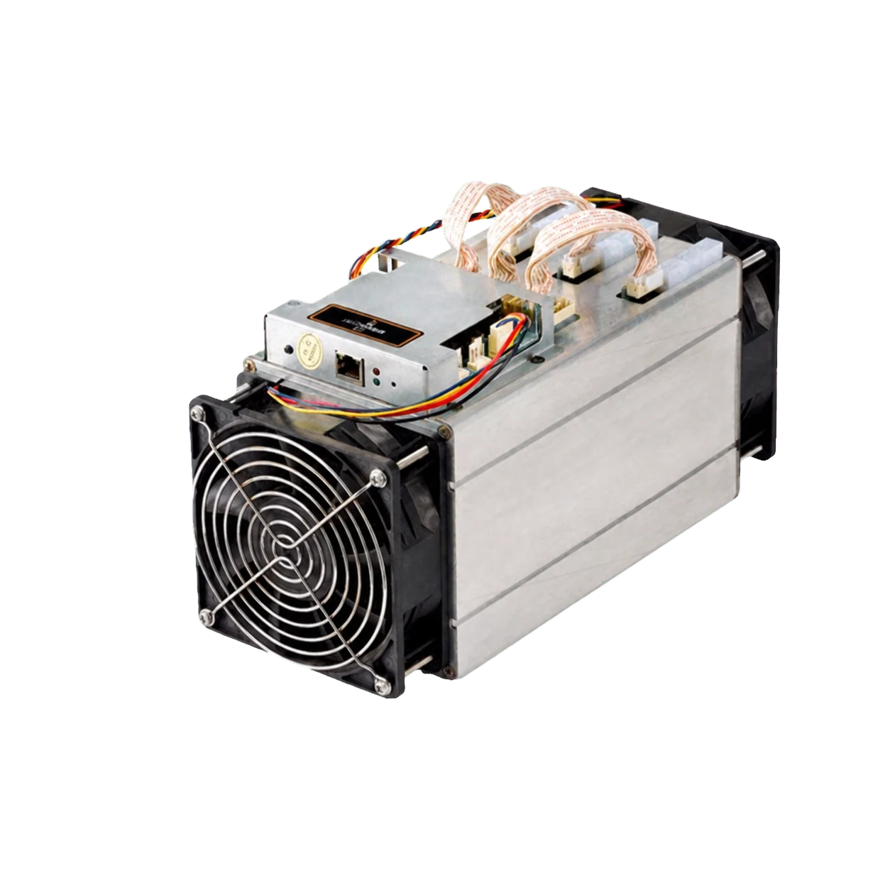 Bitmain Antminer S7 with exposed controller, four ribbon cables, aluminum chassis and one visible front fan