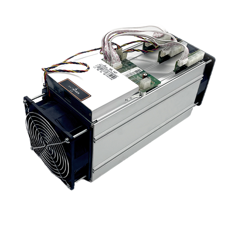 Authentic Bitmain Antminer S9 with exposed controller, ribbon cables and one visible front fan
